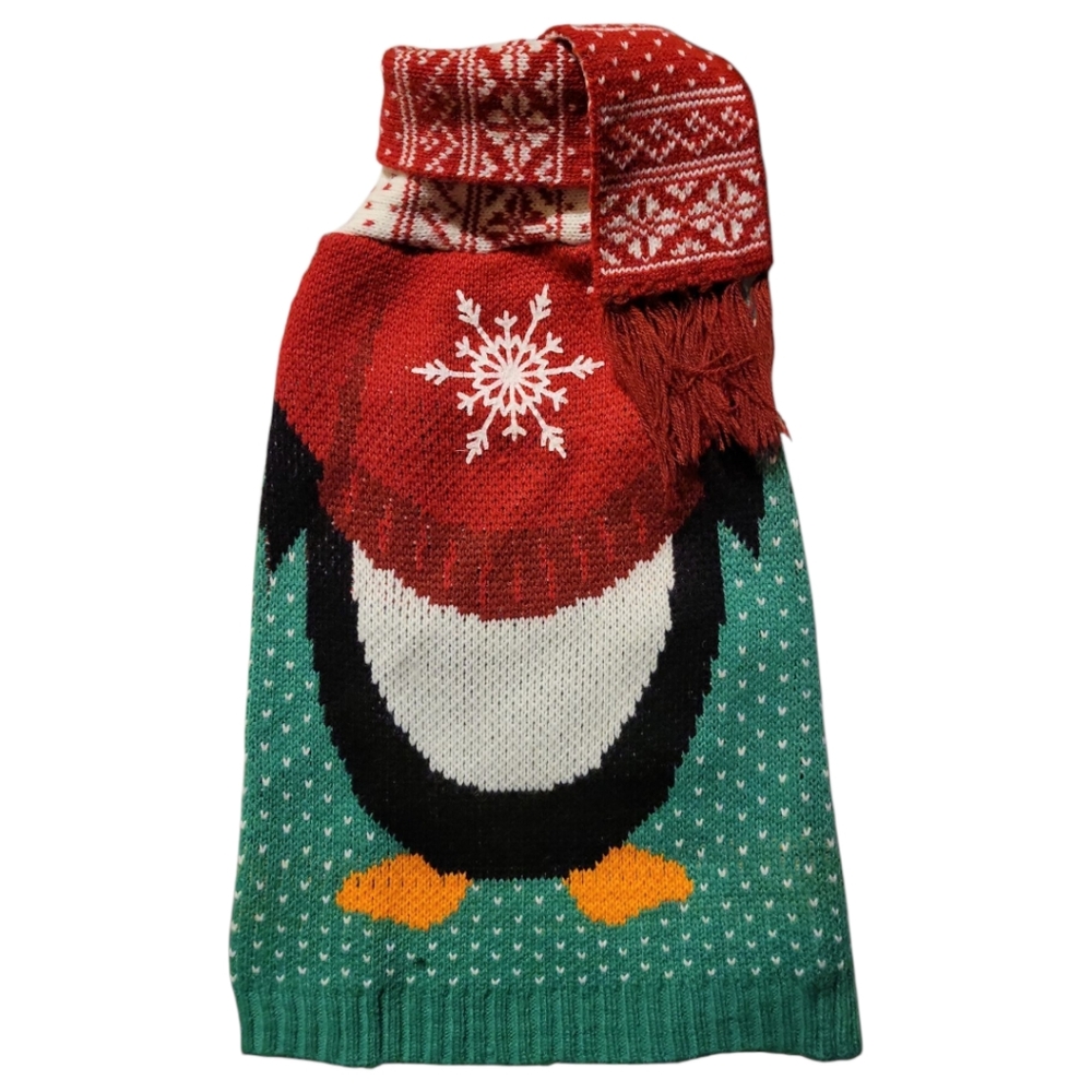 Holiday Penguin Knit Sweater Scarf Dog Christmas Costume M 15-17"